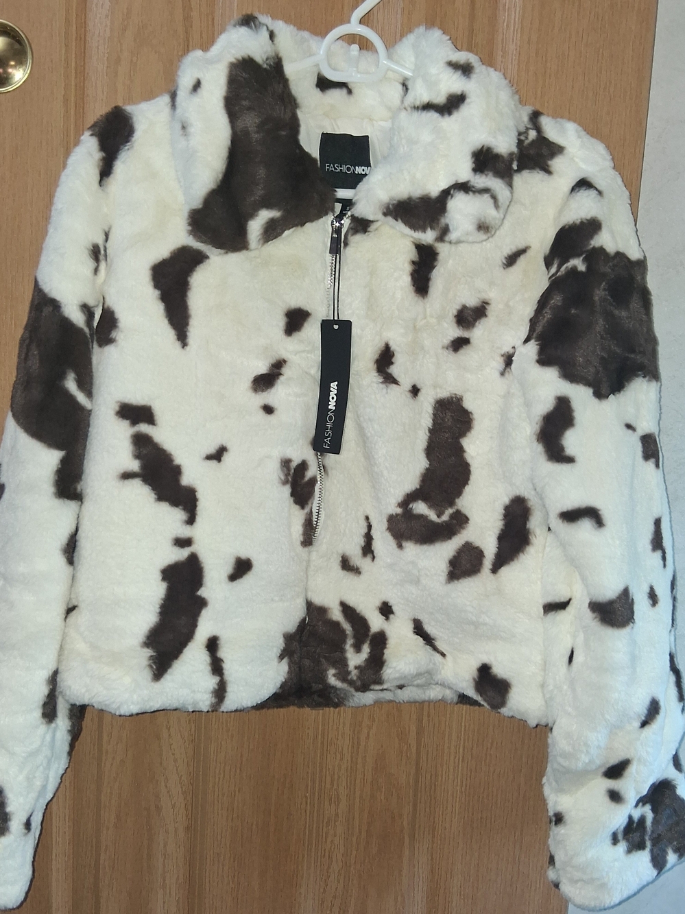 Fashion Nova White & Brown Faux Fur Cow-Print Jacket Size S